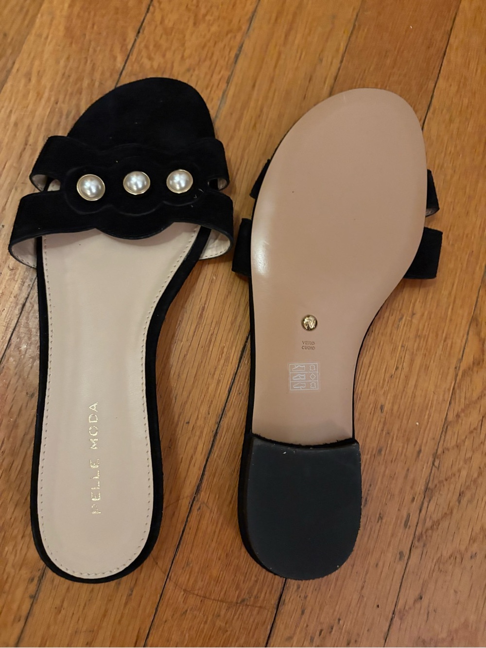 Pelle Moda Black Velvet Slide Sandals with Pearl Accents - Picture 2 of 2
